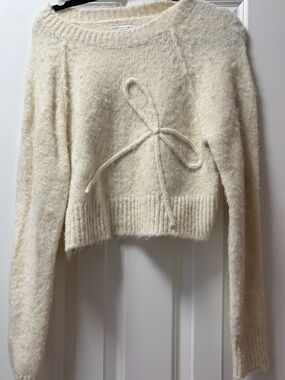 American Eagle Outfitters Cream Bow-Front Fuzzy Crewneck Sweater
